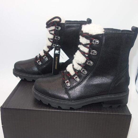 NEW Sorel Lennox Lace Cozy Boots Waterproof Shearling Lug Women's 5 Black - Picture 2 of 13
